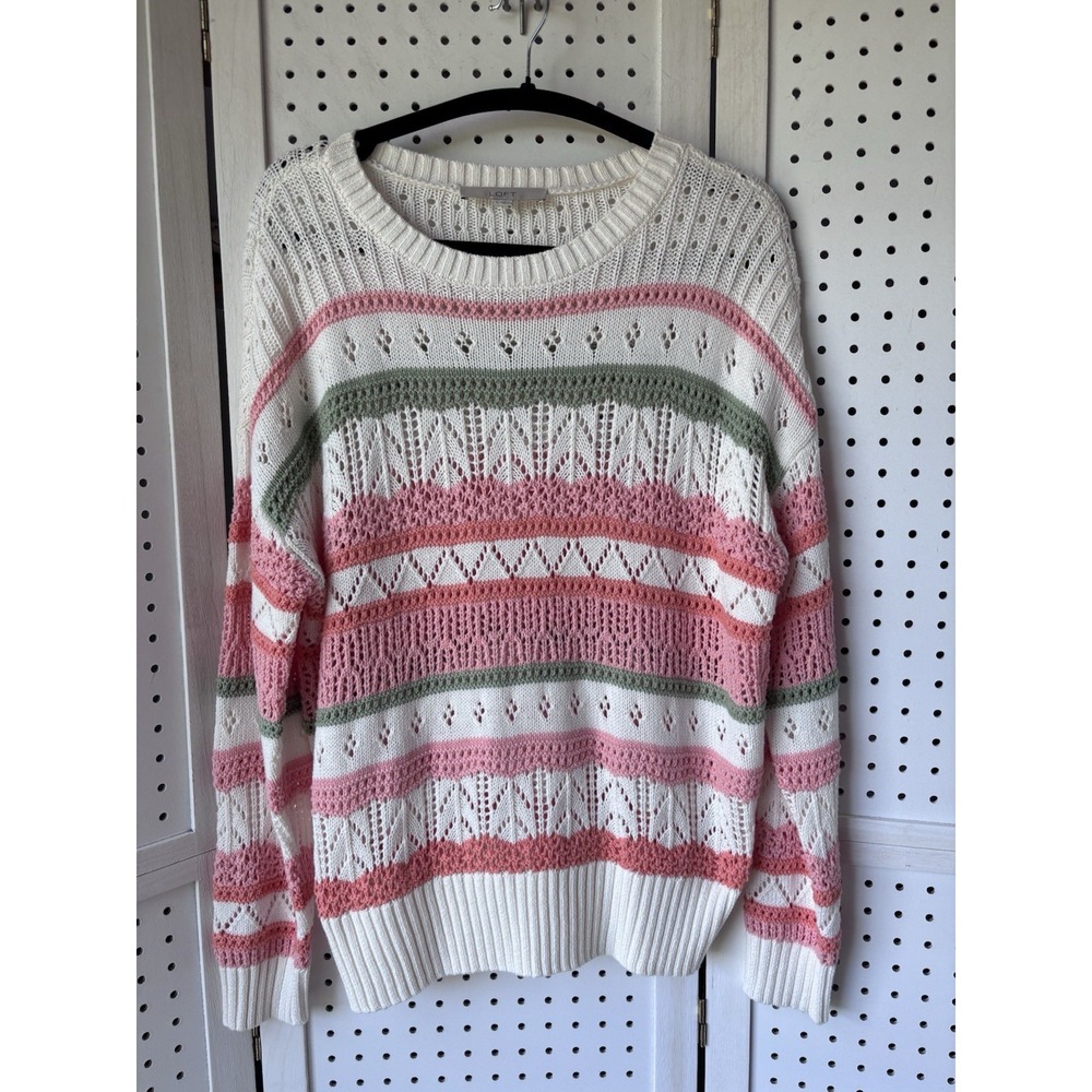 LOFT Striped Crochet Knit Sweater Sz L Coral Cream Green Stripe Dainty‎ Feminine